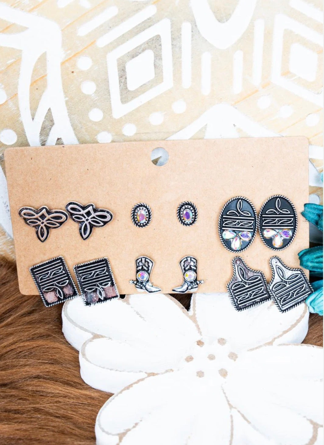 SADDLERIDGE IRIDESCENT CRYSTAL SILVERTONE STUD EARRINGS 6 PAIR SET