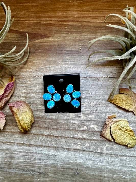 Blue Opal Half-Cluster Stud Earrings – Sterling Silver, One of a Kind