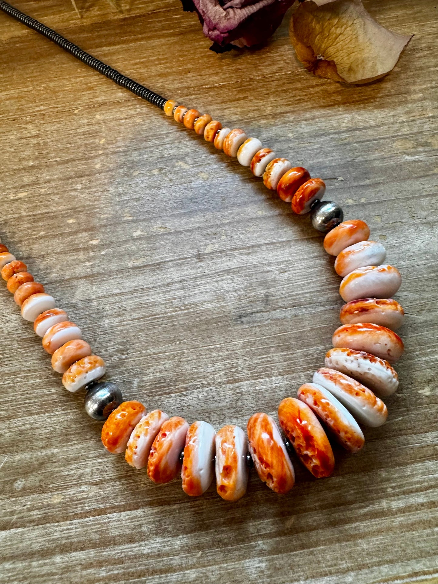 23 inch Graduated Orange Spiny Necklace with Sterling Silver Pearls