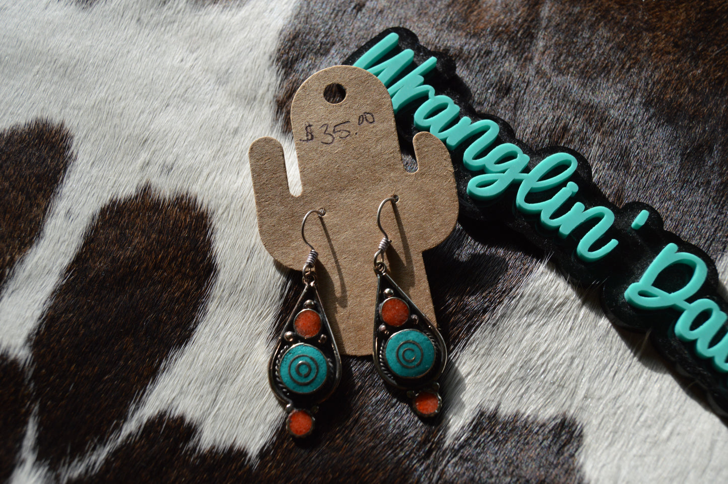 Tibetan Turquoise and Red Coral On Sterling Silver Earrings