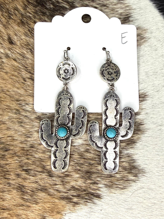 Faux Turquoise Stamped Cactus Dangle Earrings – Silver Western Desert Earrings
