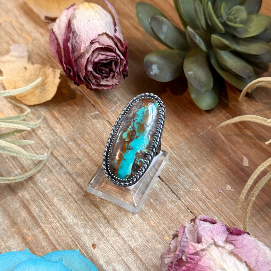 MJ Long Turquoise Ring – Sterling Silver Adjustable Band
