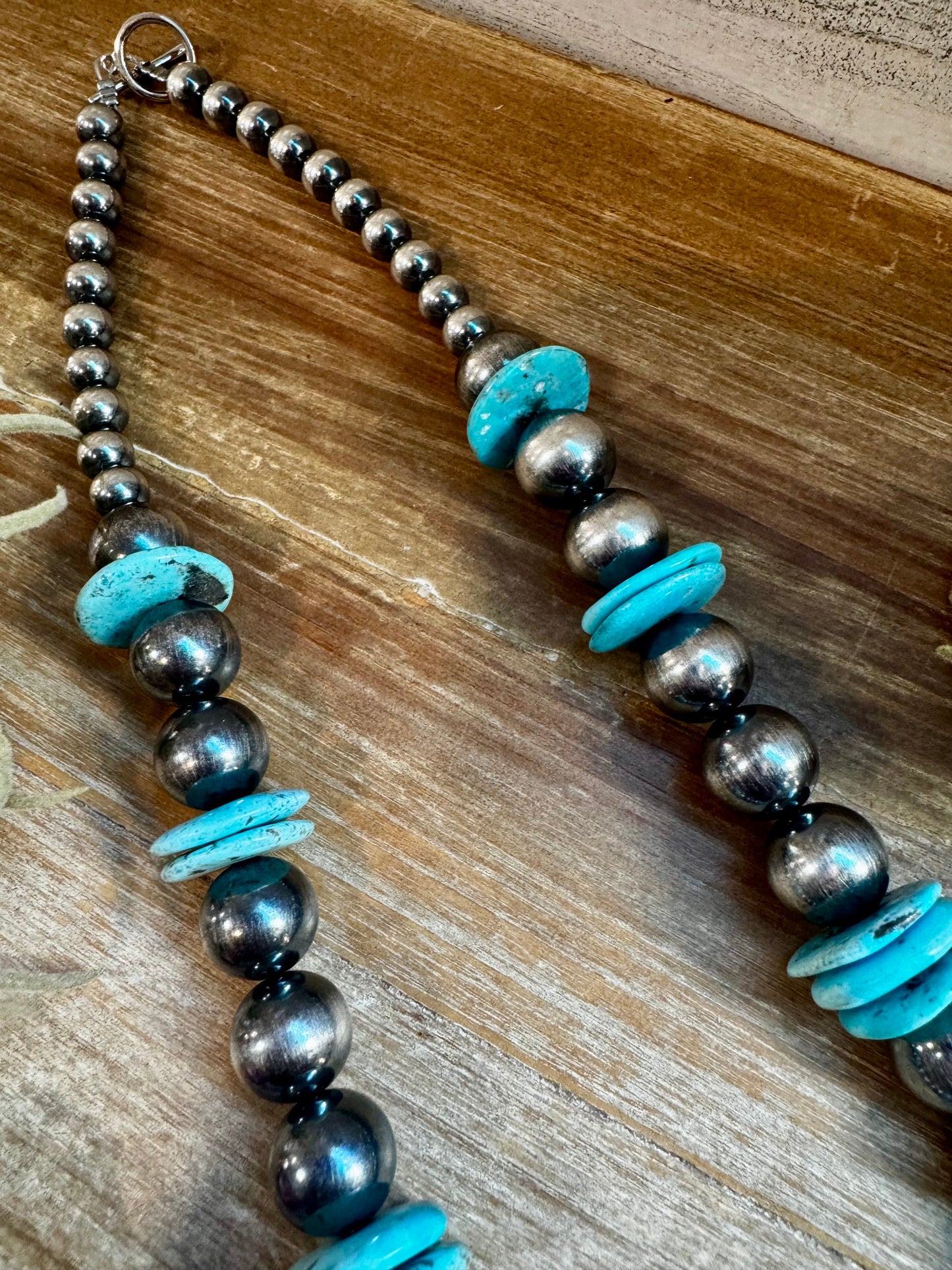 NFR Collection Necklace – 35 inch long 8mm & 14mm Sterling Silver Pearls with 20mm Turquoise Rondelle