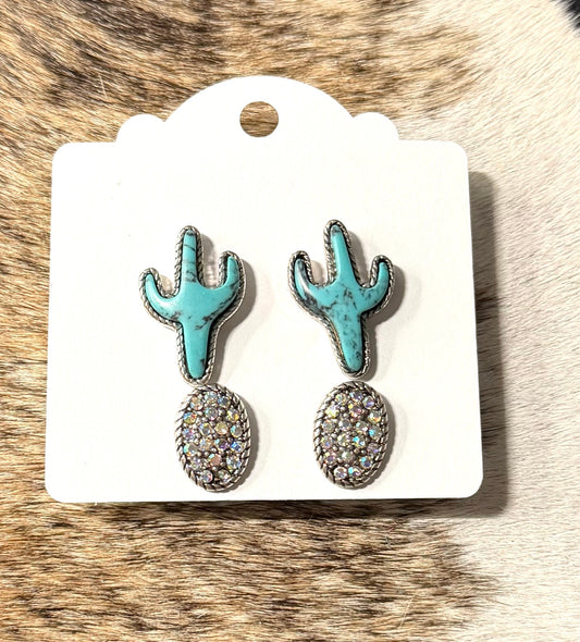 Faux Turquoise Cactus & AB Crystal Stud Earrings – Silver Western Desert Studs (Fashion Jewelry)
