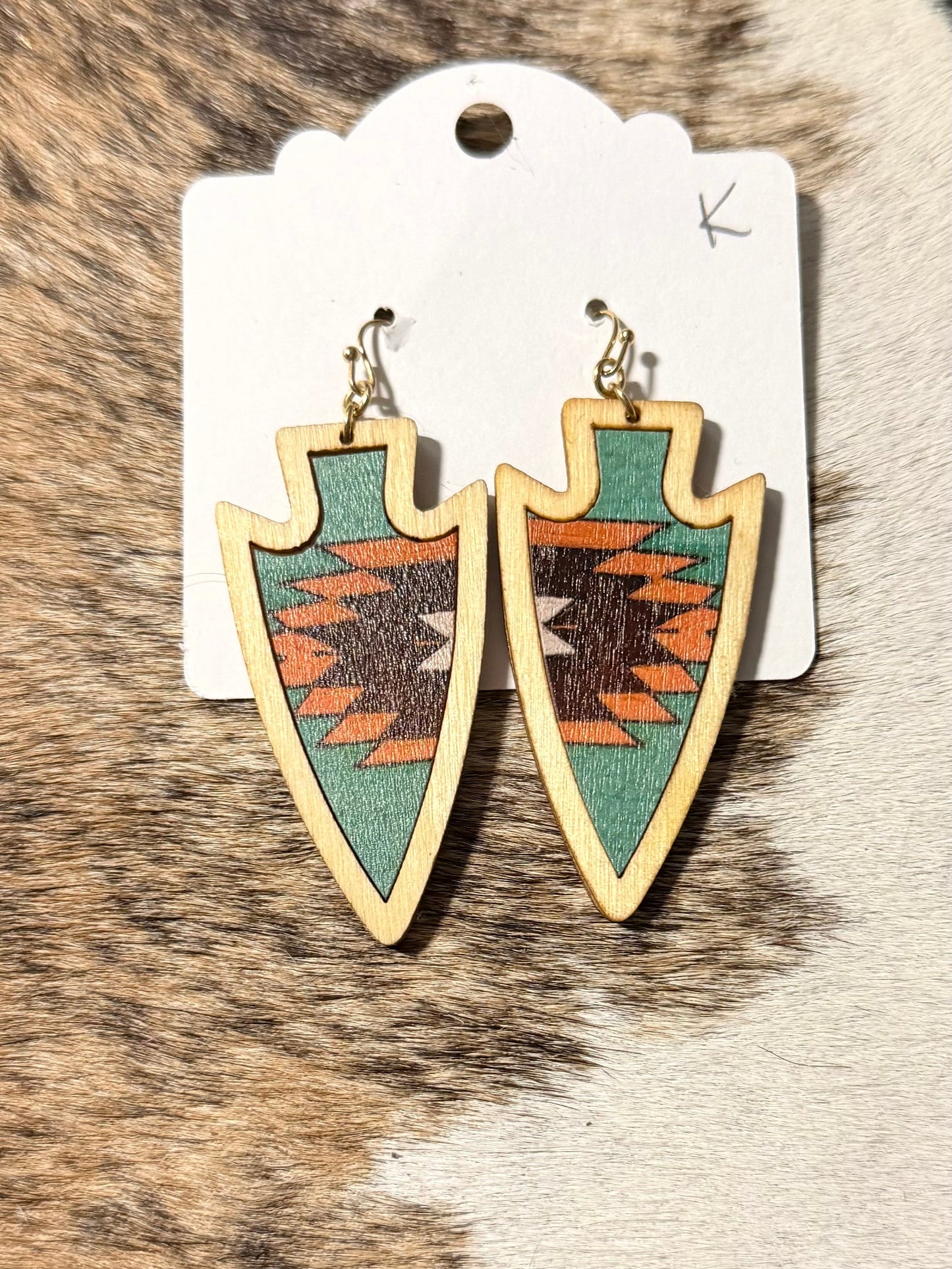 Wood Arrowhead Aztec Earrings – Turquoise & Rust Western Boho Dangle Earrings