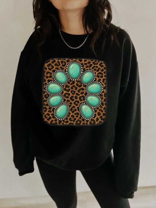 Turquoise Stone Leopard Horseshoe Western Unisex Gildan Black Shirt – Graphic Tee, Long Sleeve & Crewneck.