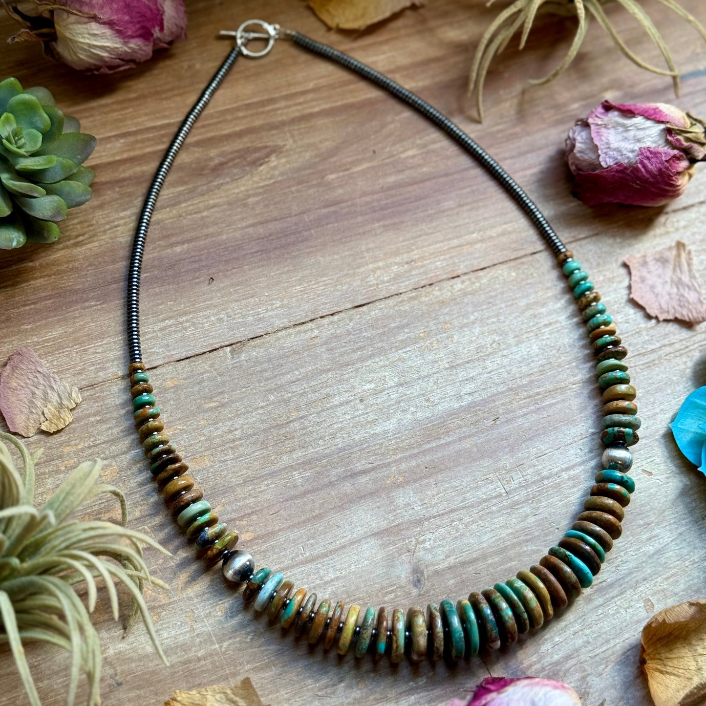 23” Dark Green Turquoise Graduated Necklace – Sterling Silver & Hematite
