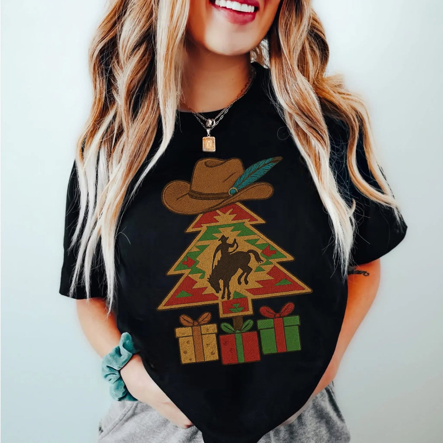 Western Faux Embroidered Cowboy Christmas Tree Bronc Rider Shirt – Graphic Tee, Long Sleeve & Crewneck