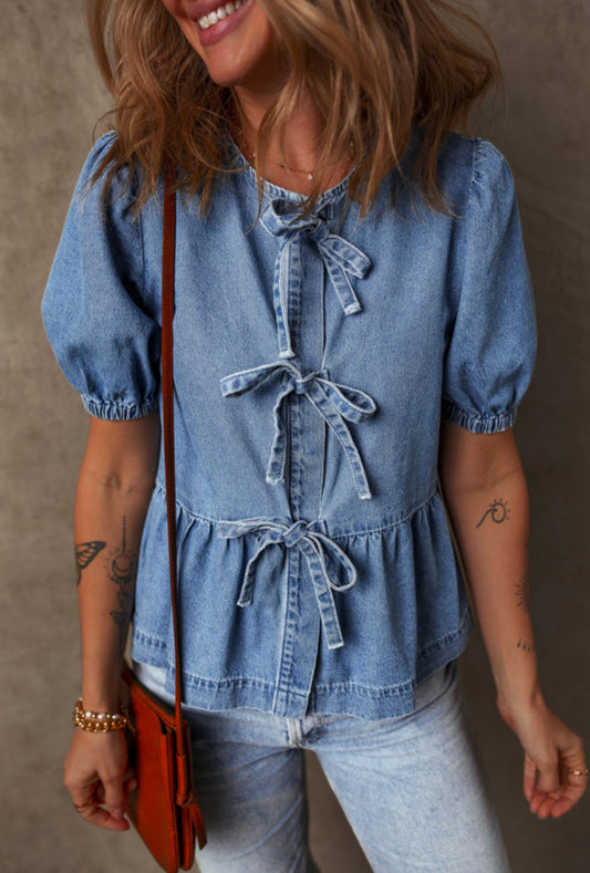 Tie front bubble denim Top