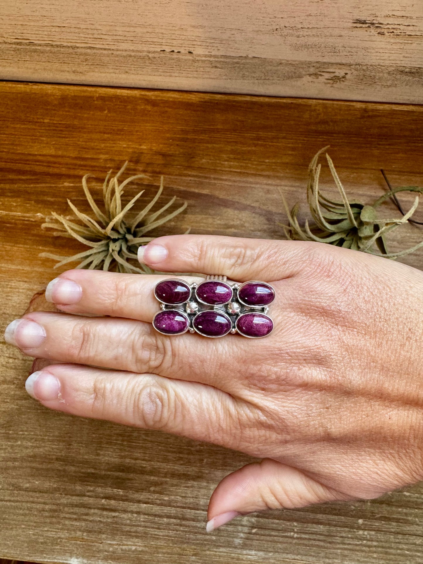 6-Stone Purple Spiny Oyster Ring – Size 8, Big Band, USA Made