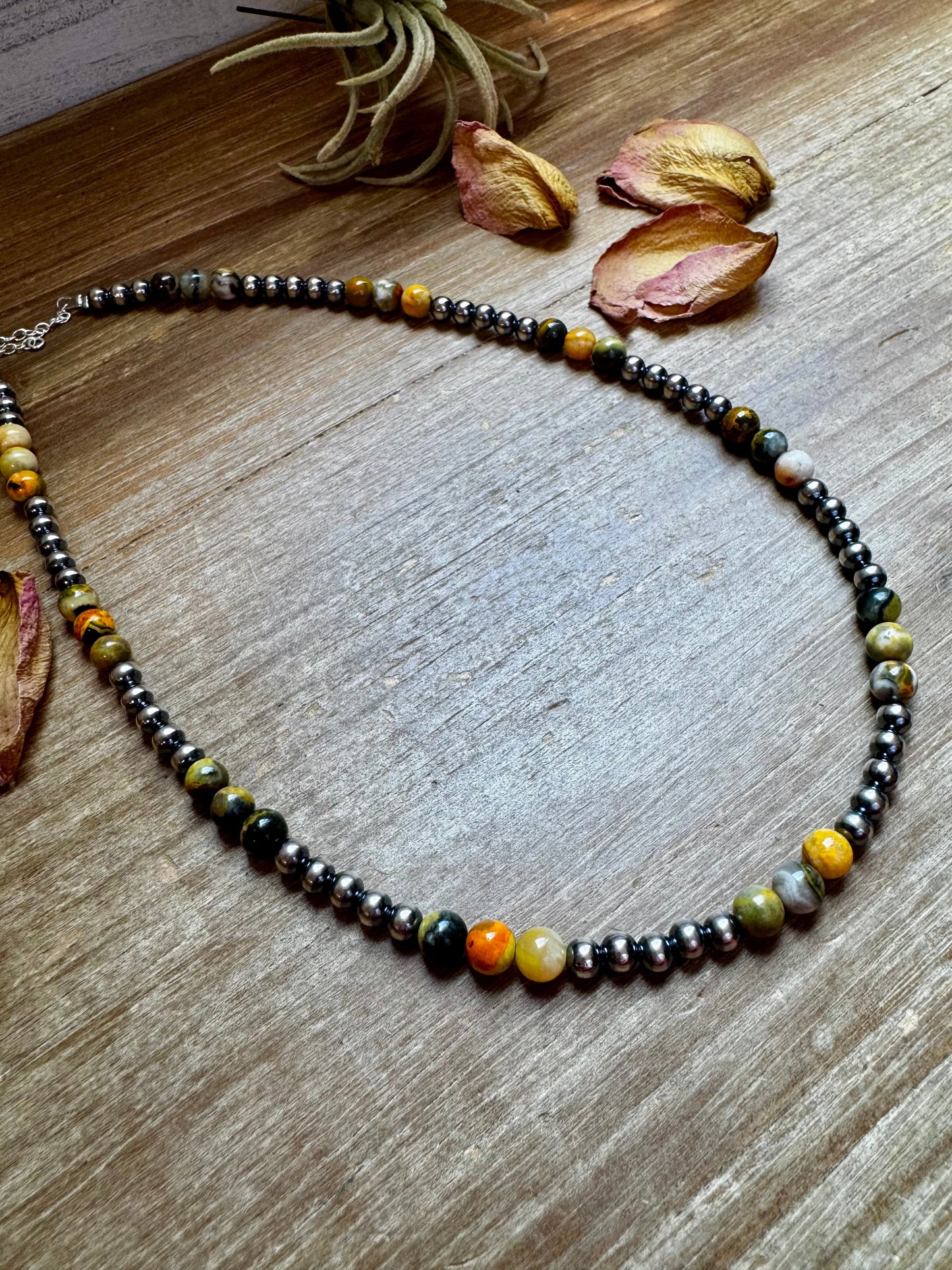 18-Inch Sterling Silver Pearl & Bumblebee Jasper Necklace