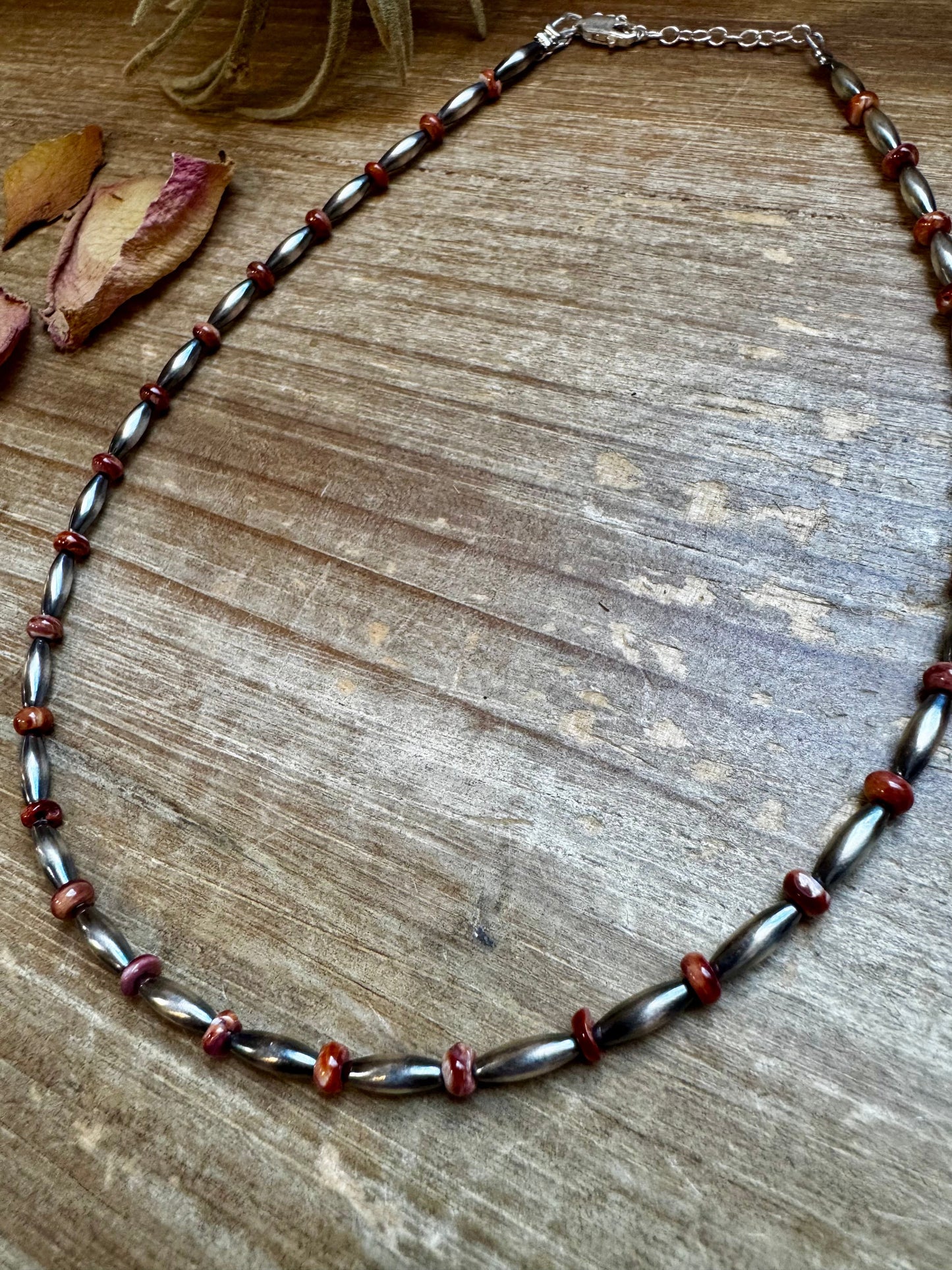 14-Inch Sterling Silver Torpedo & Spiny Oyster Heishi Choker