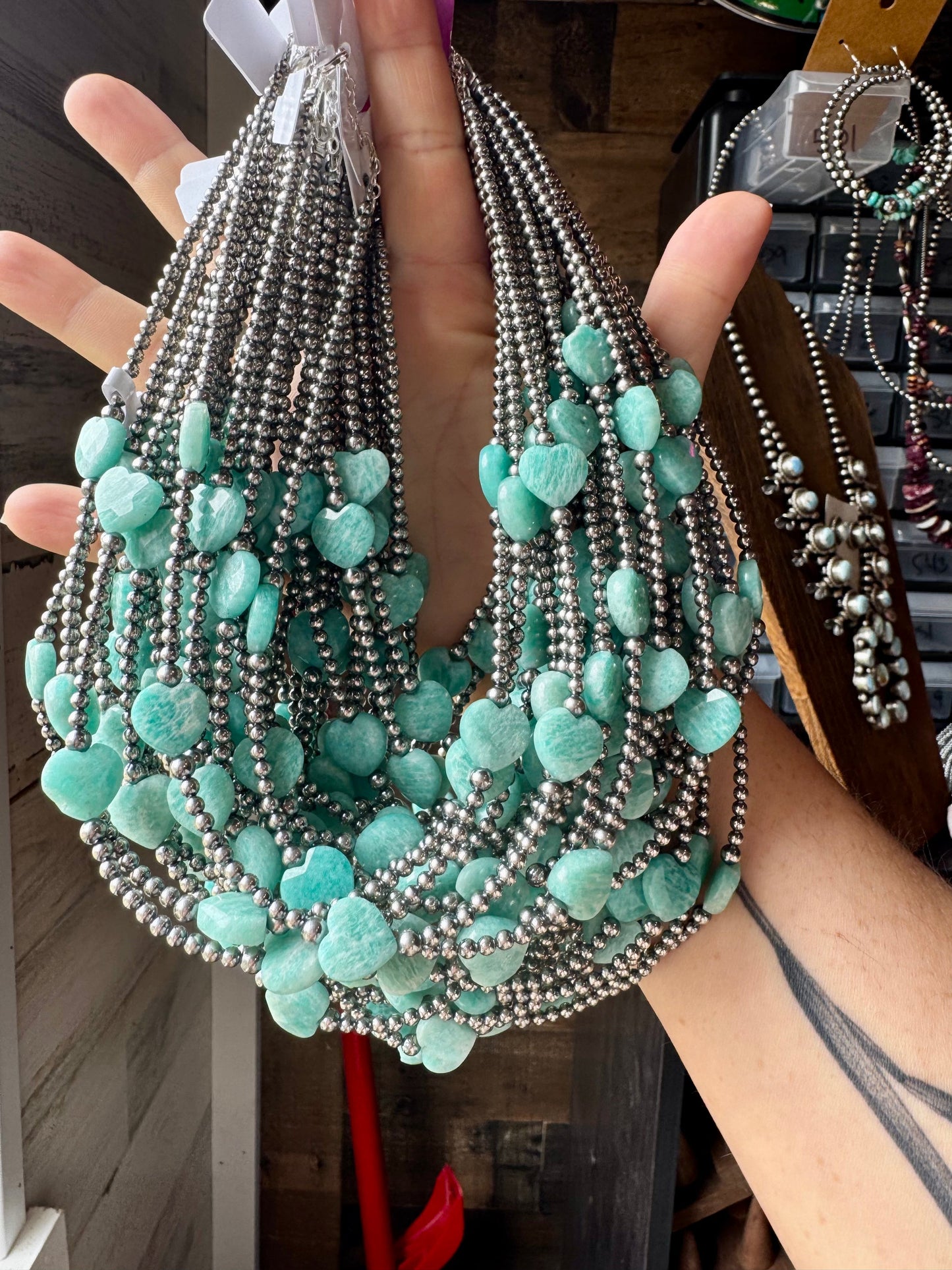 15-Inch Peruvian Amazonite Heart Necklace – 5 Hearts, Handmade with Sterling Silver Pearls