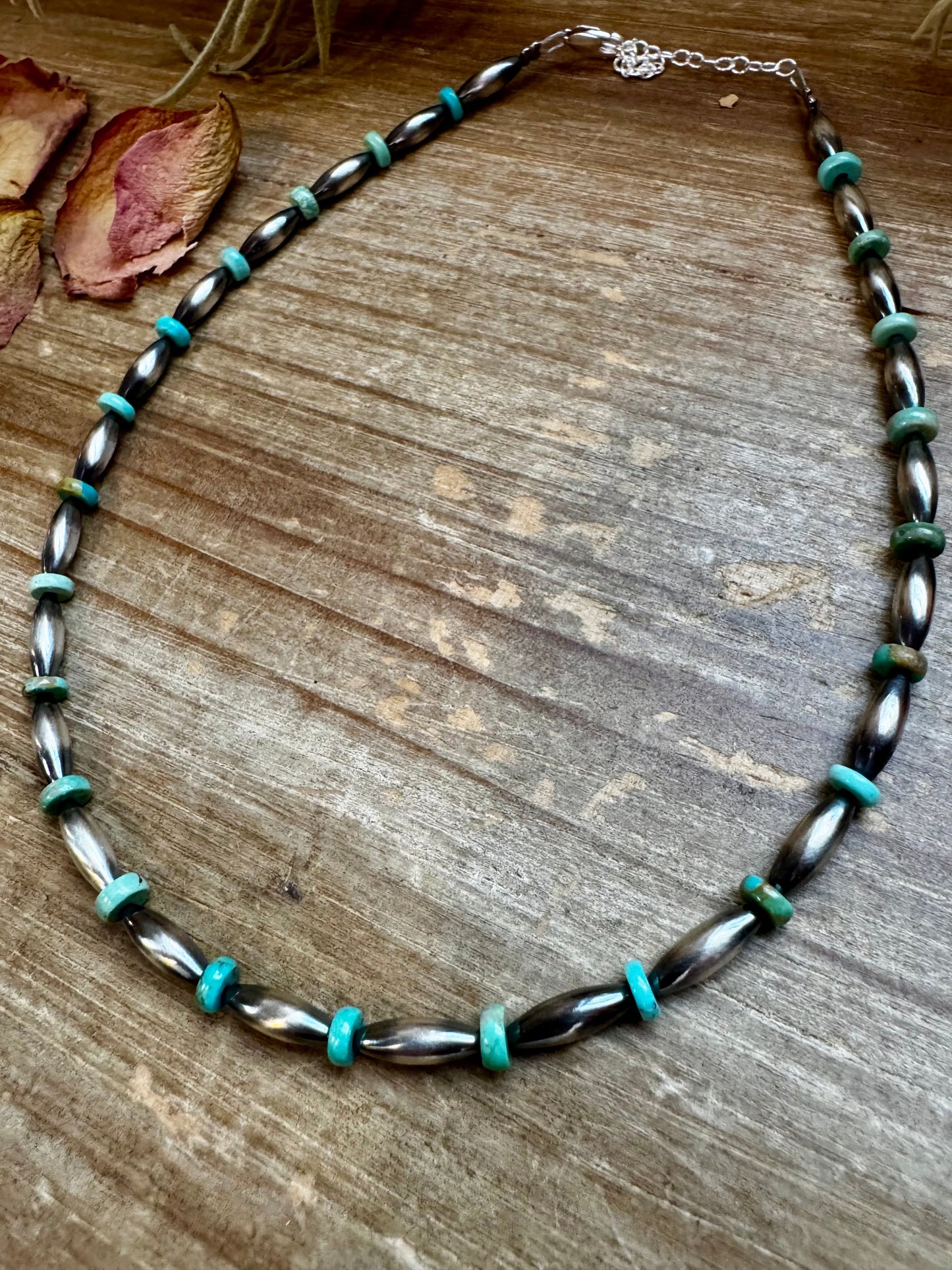 14-Inch Sterling Silver Torpedo & Blue/Green Mexican Turquoise Choker
