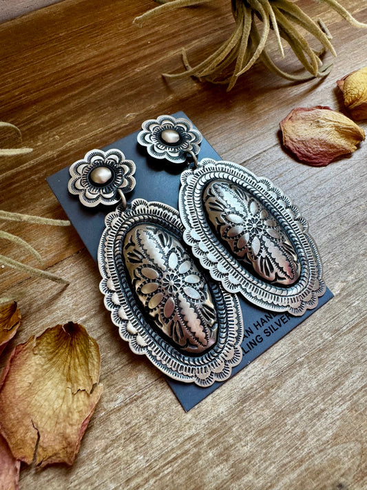 Leander Tahe Sterling Silver Earrings – Post & Dangle Statement with Stamped Detail