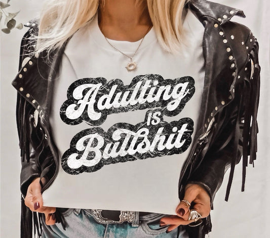Adulting Is Bullshit Distressed Retro Script White Shirt – Graphic Tee, Long Sleeve & Crewneck.