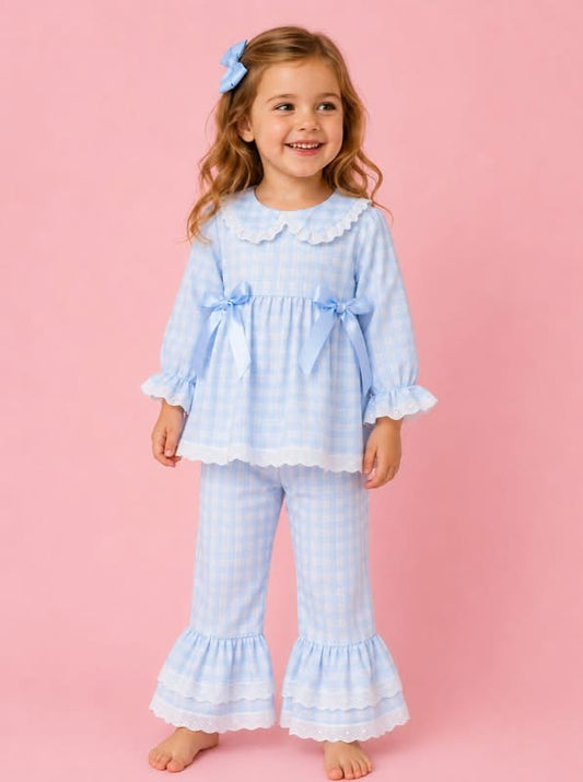 PREORDER-Blue Gingham Ruffle Bow Collared Pant Set