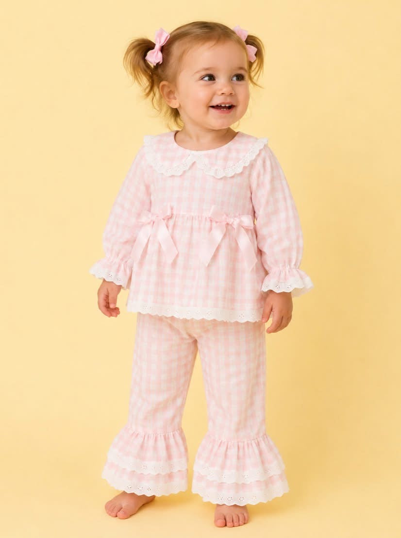 PREORDER- Pink Gingham Ruffle Bow Collared Pant Set