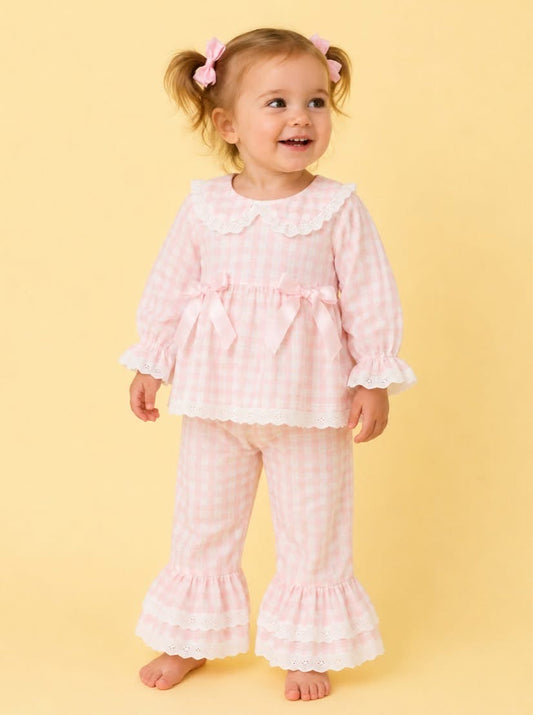 PREORDER- Pink Gingham Ruffle Bow Collared Pant Set