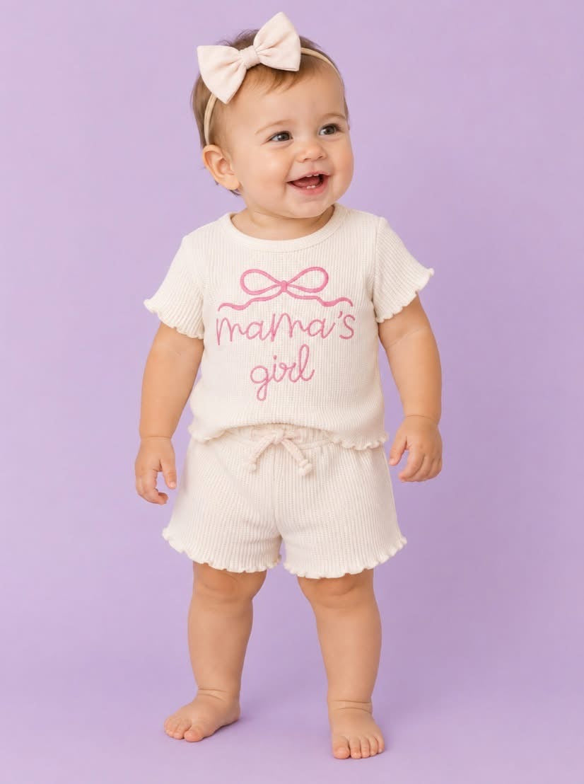 PREORDER-Waffle Knit Cream Mama’s Girl Embroidered Bow Short Set
