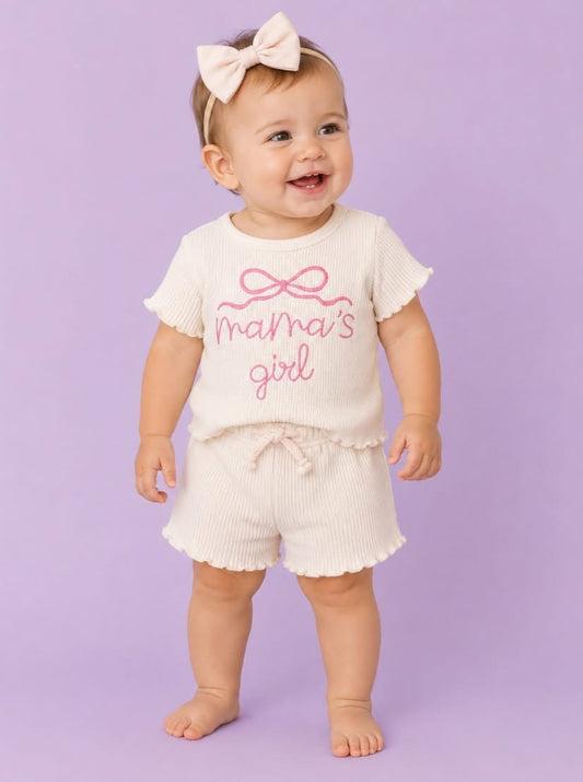 PREORDER-Waffle Knit Cream Mama’s Girl Embroidered Bow Short Set