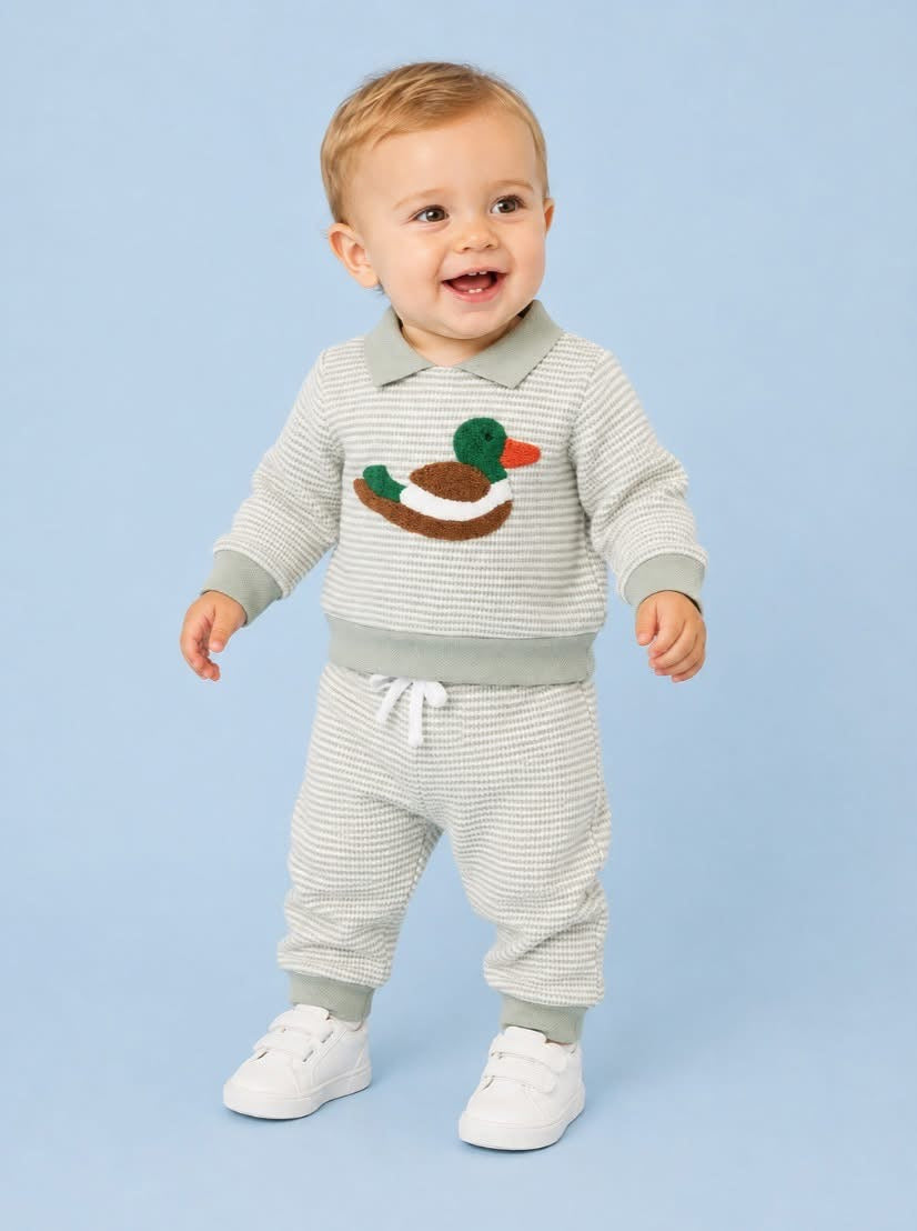 PREORDER-French Knot Mallard Green Striped Waffle Knit Set
