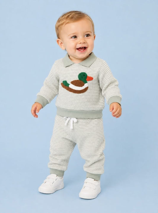 PREORDER-French Knot Mallard Green Striped Waffle Knit Set