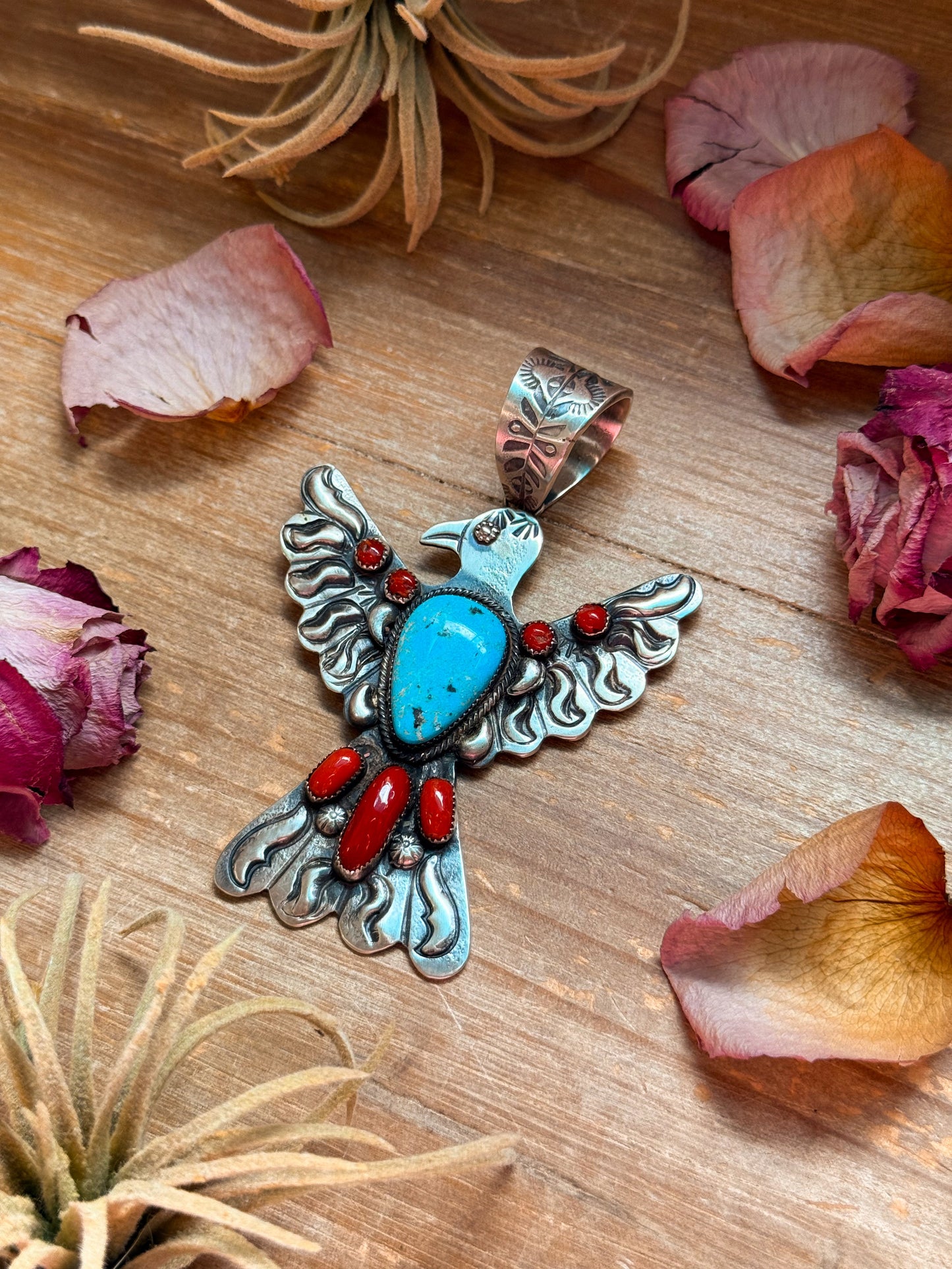 Thunderbird Pendant – Red Coral & Turquoise – Stamped Richard Yazzie