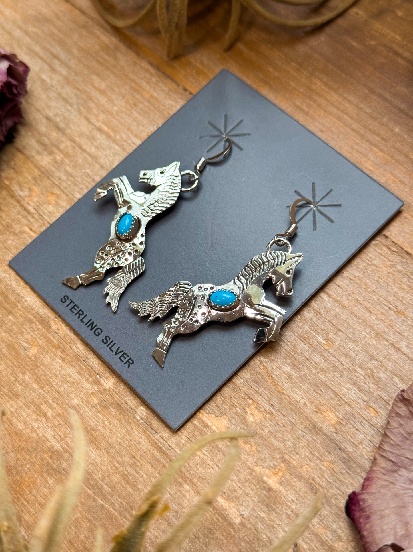 The Trouble – Sterling Silver Horse Earrings with Kingman Turquoise – Native Made by L.Y.