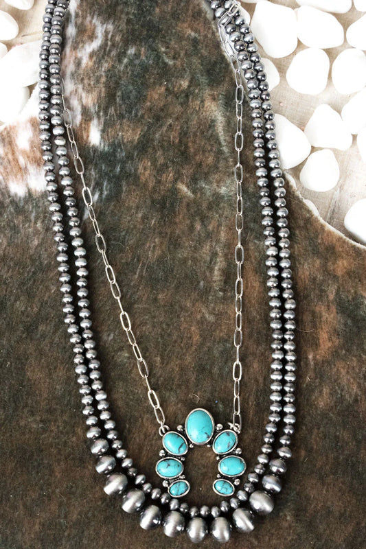 Turquoise Wayland Arch layered Silver Pearl Necklace