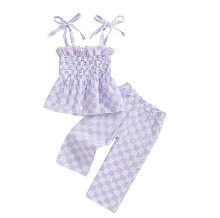 Purple Chex Tied Sleeve Pant Set