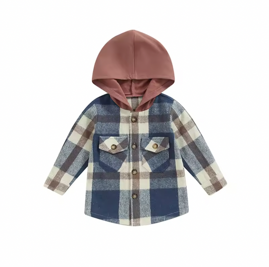 Blue Brown Hooded Shacket Oversized