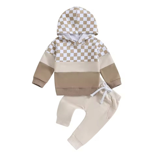 Khaki Chex Striped Lounge Set