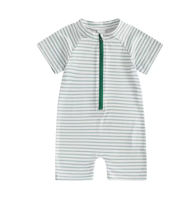 Zip White and Green Striped Swimsuit