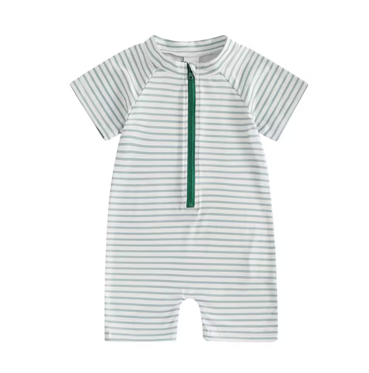 Zip White and Green Striped Swimsuit