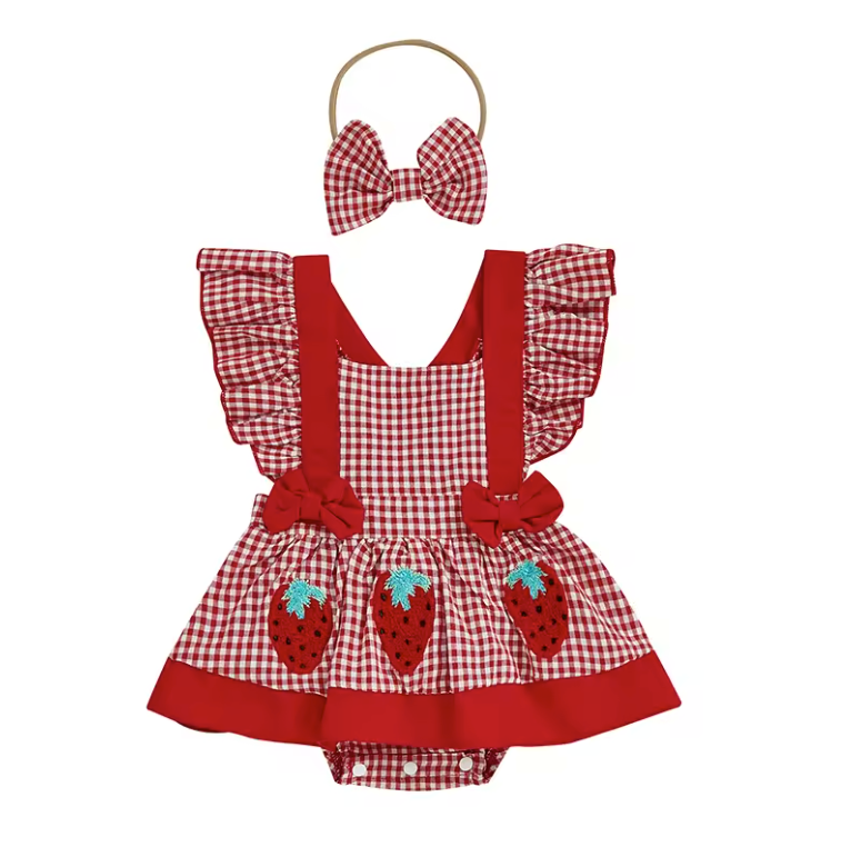 Strawberry Plaid Skirted Romper