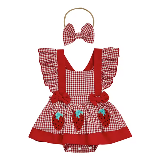 Strawberry Plaid Skirted Romper