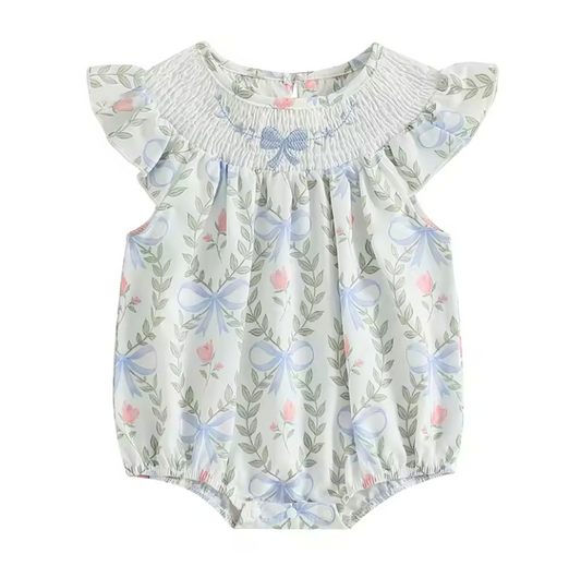 Soft Blue Bow Embroidered Smocked Romper