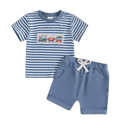 Striped Train Embroidered Short Set