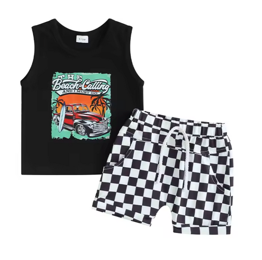 The Beach is Calling Black Tank Chex Short Set