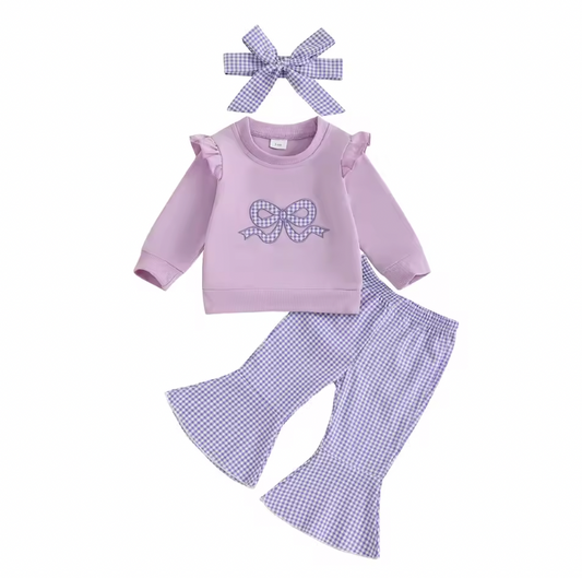 Purple Embroidered Gingham Bow Bell Set