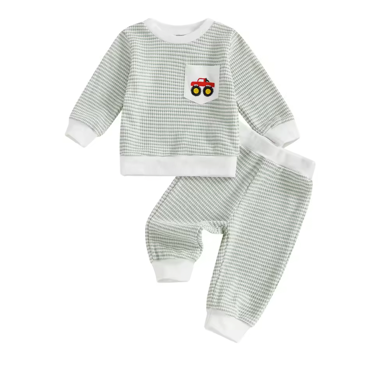 Waffle Knit Embroidered Striped Truck Pocket Lounge Set