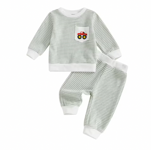 Waffle Knit Embroidered Striped Truck Pocket Lounge Set