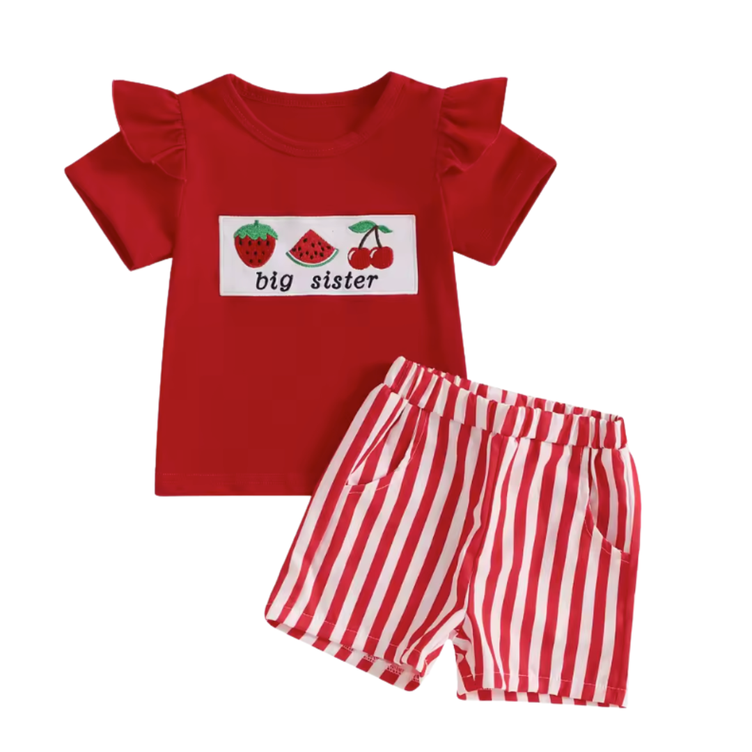 Red Fruit Embroidered Big Sister Short Set