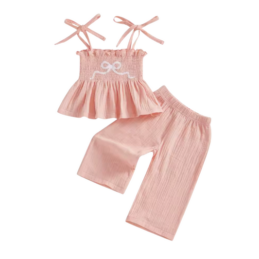 Pink Embroidered Bow Wide Legs Pant Set