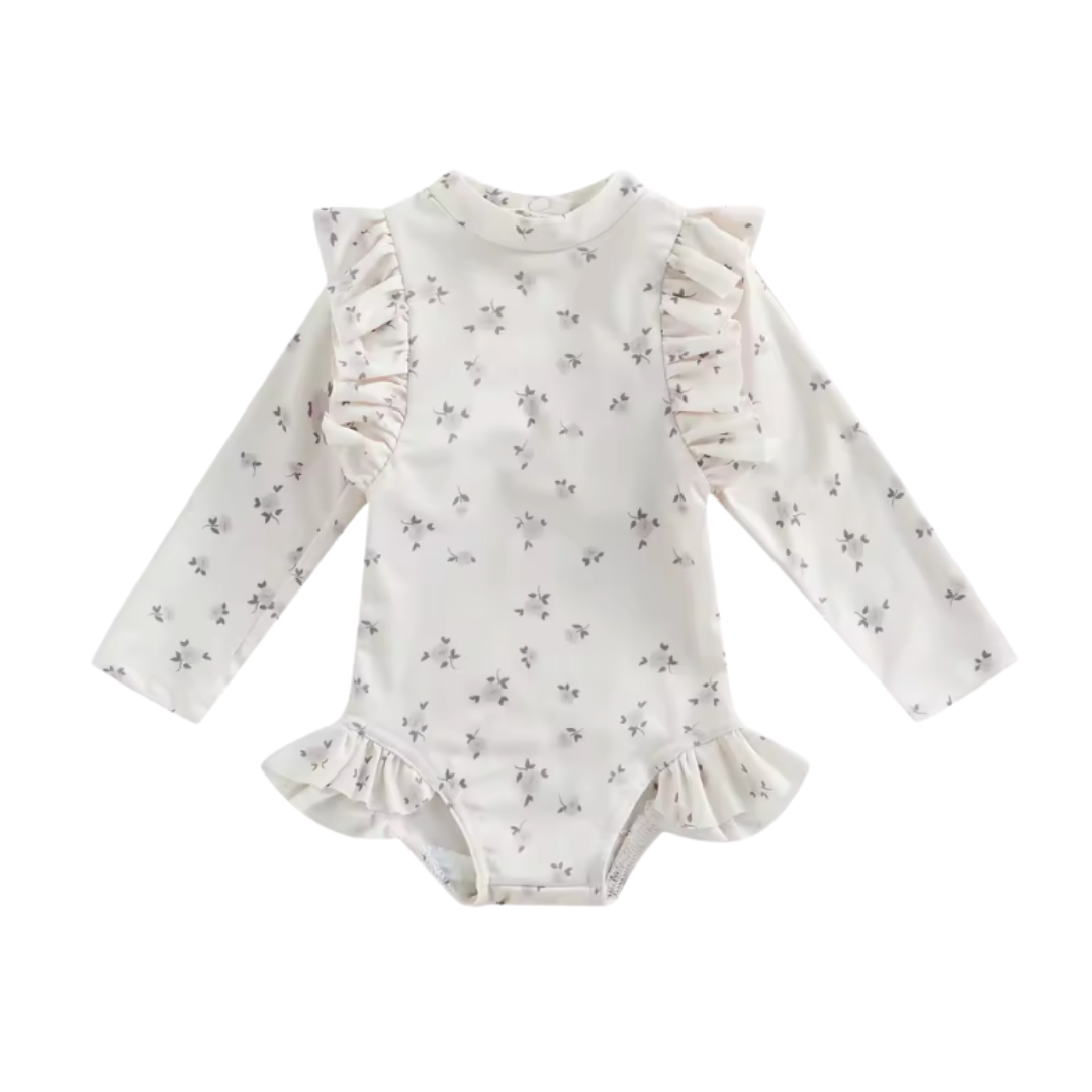 White Tiny Floral Long Sleeve Ruffle Swimsuit