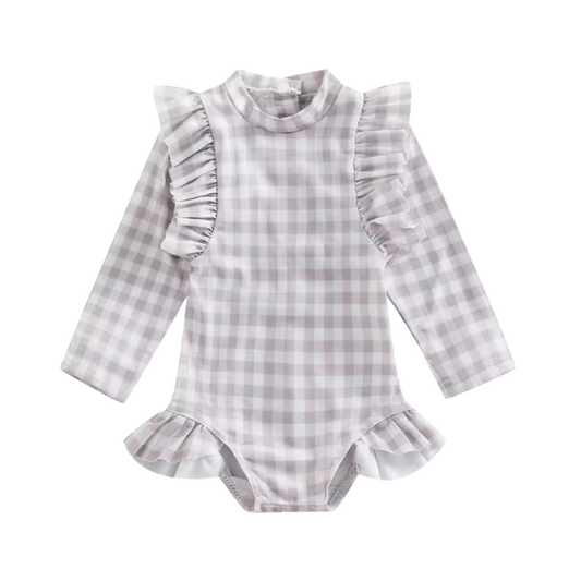 Grey Plaid Long Sleeve Ruffle Swimsuit