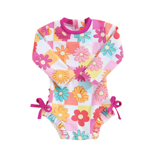 Chex Bright Floral Long Sleeve One Piece Ruffle Swimsuit