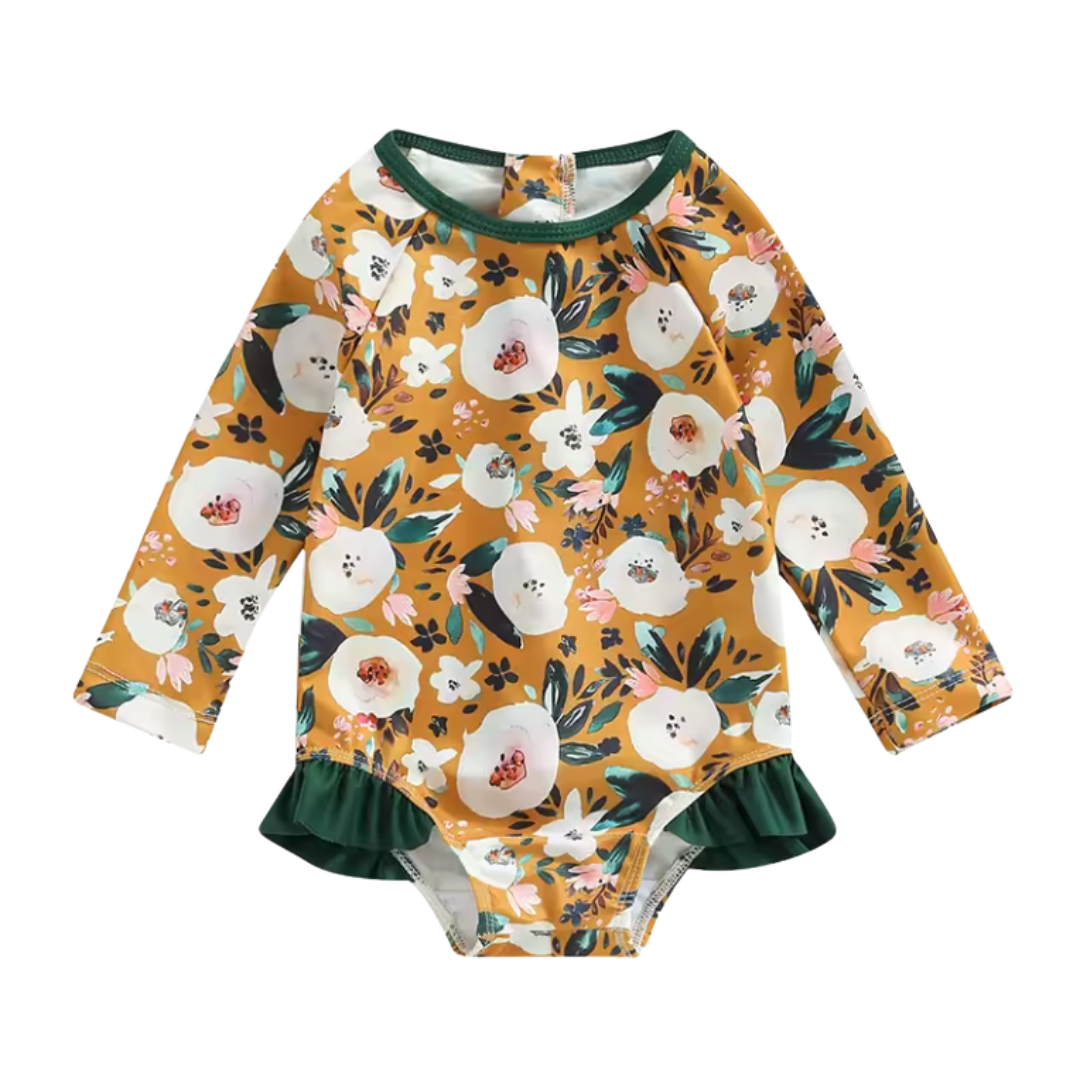 Mustard and Green Floral One Piece Long Sleeve Swimsuit