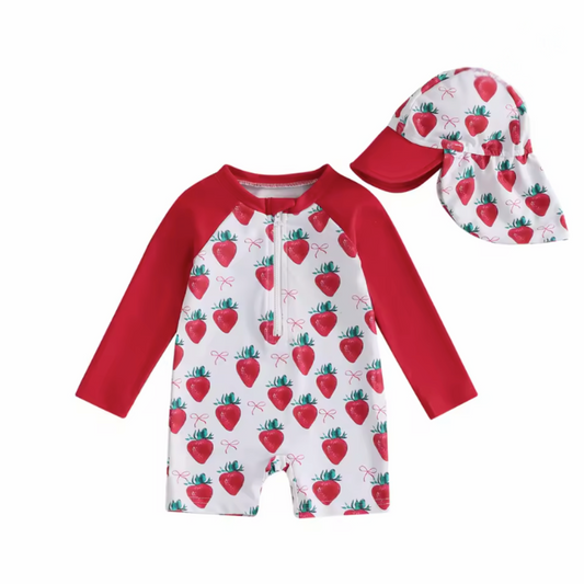 Red Strawberry Long Sleeve Zip Bow Swimsuit and Hat